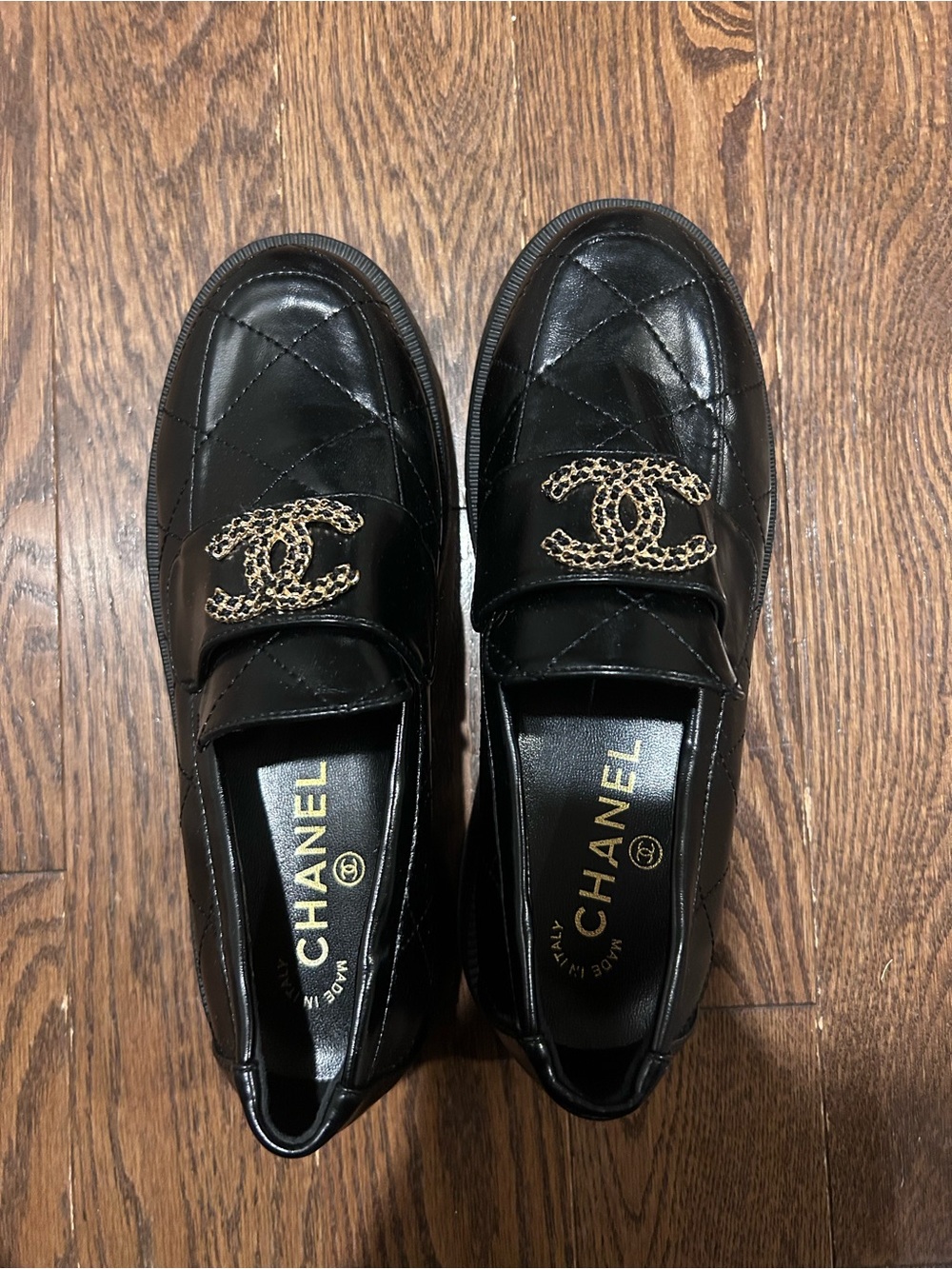 Chanel LIKE Black Quilted Leather Loafers with Gold CC Emblem